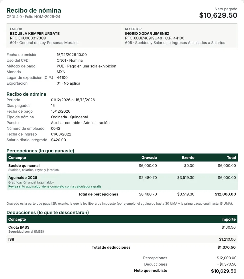Ajolote Fiscal mostrando un recibo de nómina con percepciones, deducciones y el aguinaldo resaltado.