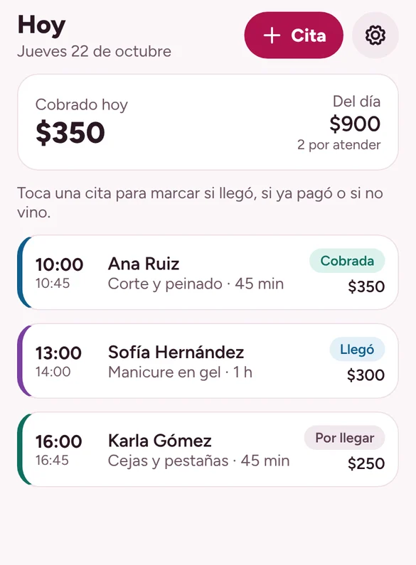 Copal en la pantalla Hoy: tres citas del día, una cobrada de 350 pesos, una en curso y una por llegar.