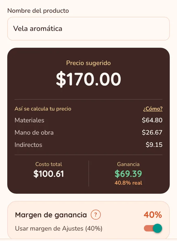 Costeo Artesanal con una vela aromática: precio sugerido de 170 pesos y su desglose.